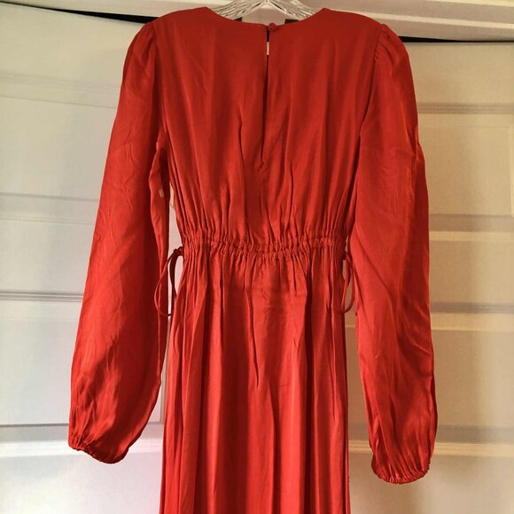 New FARM RIO Red Satin Boho Maxi Dress Beaded Tassels Cutout Waist S MSRP $265 - Picture 10 of 14
